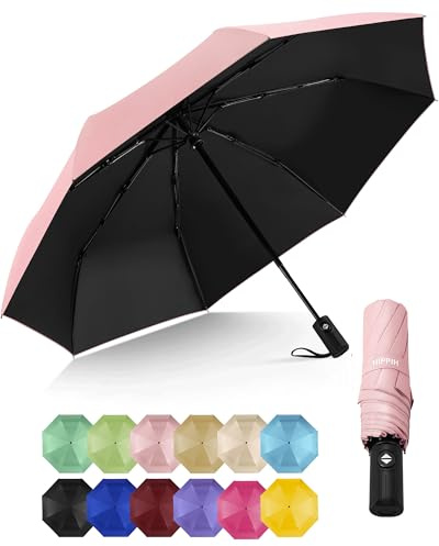 HIPPIH Compact Travel Umbrella for Rain - Windproof Automatic Umbrellas, UV Umbrella for Sun Protection with Black Anti-UV Coating, Portable Small Umbrellas for Backpack, Car, Walking, Kids, Women