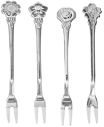 4st Fruktgaffel med 2 stift i rostfritt stål Minisallad Fruktdessertsmakningsgafflar för hemmaköksfest (Silver)