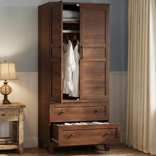 IDEALHOUSE Armoire Wardrobe Closet with 2 Drawers, 72 Tall Wooden Clothing Wardrobe with Hanging Rod & DIY Adjustable Shelf, Heavy Duty Bedroom Armoire Storage Cabinet with Doors, Walnut