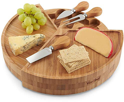VonShef Bamboo Cheese Board, Circular Serving Tray with Stainless Steel Knife Set, Easy Clean Charcuterie Serving Board with Swivelling Knife Drawer & Gift Box