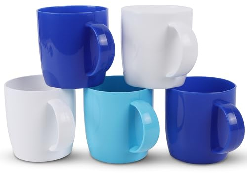 fulong Reusable Plastic Drinking Cup with Handle, BPA Free Microwave & Dishwasher Safe Food Grade PP 13 Ounce Coffee & Milk Mug Set of 5 (Blue)