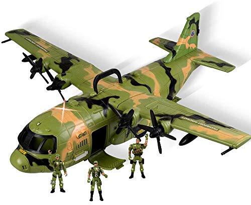 BAKAJI Aereo Militare Giocattolo per Bambini Gigante con Luci e Suoni 3 Soldatini Snodati Inclusi Dimensione 60 x 55 x 22 cm Cuarto in ogni dettaglio con Portelloni Apribili e Maniglia