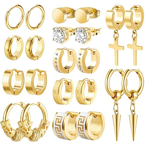 Earrings for Men Women, Funtopia 11 Pairs Stainless Steel 18K Gold Plated Small Hoop Earrings, Cross Dangle Earring Set, Fashion Huggie Earring Piercing Jewelry for Party Birthday, Gold