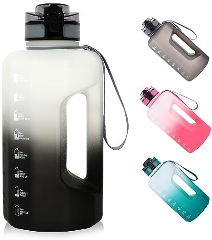 GEMFUL 2.2L Water Bottle with Time Markings Flip Top Lid, BPA-Free, Leakproof, Easy to Carry - Ideal for Gym, Work & Outdoors (Black/White)
