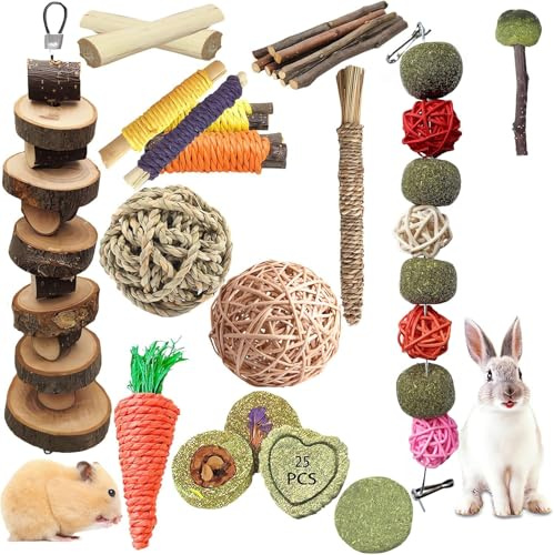 Naturezhen 25Pezzi Giocattoli da Masticare per Conigli, Giochi per Conigli Nani, Giochi Coniglio Nano per Animali Domestici Naturali per Coniglietti, Cavie, Criceti e Altri Animali