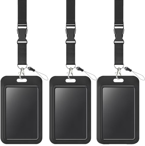 Uniclife Porta Tarjetas Deslizante Funda Protectora Vertical de Plástico Negro con Correa de Cordón Hebilla Metálica y Clip para Oficina Escuela Credencial de Crédito Llave de Proximidad, 3 Unidades