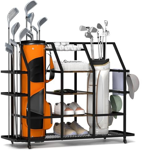 bimiti Golf Storage Rack Extra Large Golf Bags Storage Organizer Golf Club Bag Rack with Wooden Shelf and Lockable Wheels for Garage Indoor Basement