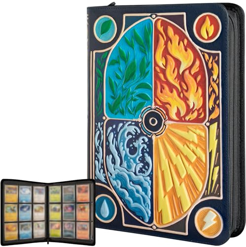 3D Album Cartas para Pokemon - Diseño 3D Elemental en Relieve en Cuero PU. Archivador Cartas con Cremallera e 9 Bolsillo para 360 tarjetas. Card Binder/Album para Cartas Pokemon Grande