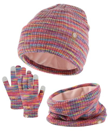Kinder Strickmütze + Loop Schal + Handschuhe Set, Baumwollmütze Junge Mädchen Weich Kinder Beanie Mütze Nackenwärmer Halsbänder Halstuch Handschuh für Herbst Winter (X-10-Heißes Rosa, 5-12 Jahre)