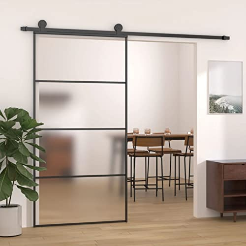 IKAYAA Porta Scorrevole in Vetro Porta Scorrevole Interno Muro in Alluminio e Vetro ESG per Bagno Cucina Studio-Nero-102.5 x 205 cm-Tipo 3