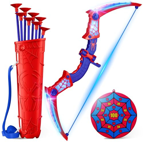 Spielzeug ab 3-12 Jahre Junge, Pfeil Bogen Spielzeug mit Rot & Blau LED Lichtern, Köcher & Netz-Zielscheibe, Geschenk Junge 3-12 Jahre Geschenkideen Kinderspielzeug Garten Outdoor Spiele für Kinder