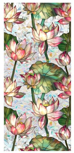 JOONOR Retro Lotus Flowers Window Privacy Film,Stained Glass Decals Colorful Floral Privacy Rainbow Decals Living Room Sun Blocking Decor Removable Static Cling Stickers,16.93 x 39.37 Inch
