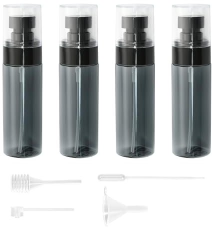 Godneei Set med 4 tomma sprayflaskor i transparent svart, perfekt för alkohol, desinfektionsmedel, parfymer och kosmetika, påfyllningsbara reseflaskor med komplett fyllningssats