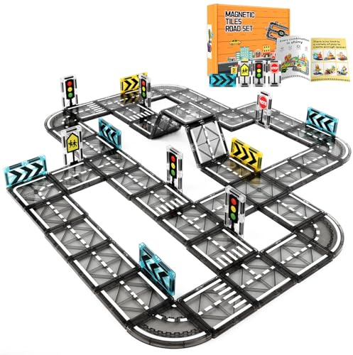 Beeoecm Carretera Magnetica Niños, 52 Piezas Bloques Magneticos Construccion Niños, Construcciones Magneticas Carretera Juguetes Niño 3-8 Años