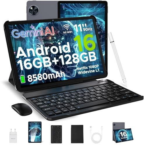 DOOGEE U11 Android 16 Tablet 11 Pollici, 16GB+128GB/2TB TF Tablet con Tastiera, 90Hz, 8580mAh, 7.9mm Thin, Unisoc T7200 Octa Core/13MP/Widevine L1/Face ID, Tablets con Penna & Mouse & Case - Grigio