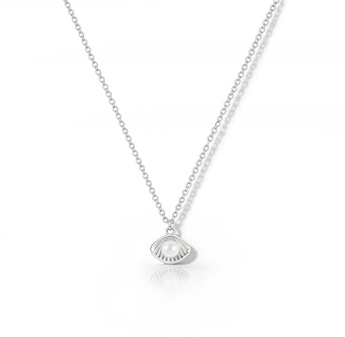 HANLI Silver Necklaces for Women S925 Sterling Silver Plated Dainty Shell Pearls Necklace Simple Everyday Jewelry