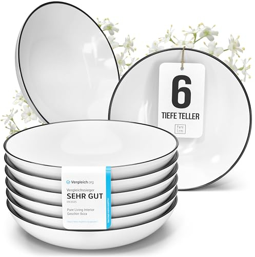 Porzellan Suppenteller 6 Personen Scandi TESTSIEGER, Traumhaftes skandinavisches Porzellan Tiefe Teller Set, Pasta Teller Tief Groß - Pure Living in weiß
