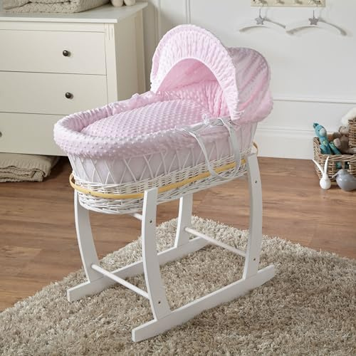 For Your Little One Wicker Moses Basket with Deluxe Rocking Stand, 83 x 49 cm, Hand-woven Natural, Hypoallergenic Mattress White Wicker/Dimple Pattern (Pink)