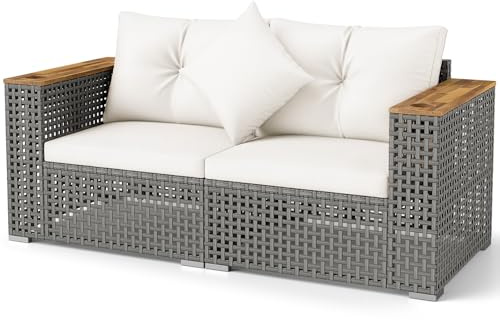 Multigot 2-Seater Garden Rattan Sofa, Outdoor Sectional Corner Sofa Set | All-Weather Patio Wicker Leisure Loveseat Porch Seating Bench with Thick Cushions and Armrests for Backyard Balcony