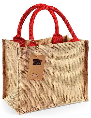 Westford Mill Mini Jute Gift Tote Bag Lunch Present Tote Craft WM412 (Natural/Bright Red)