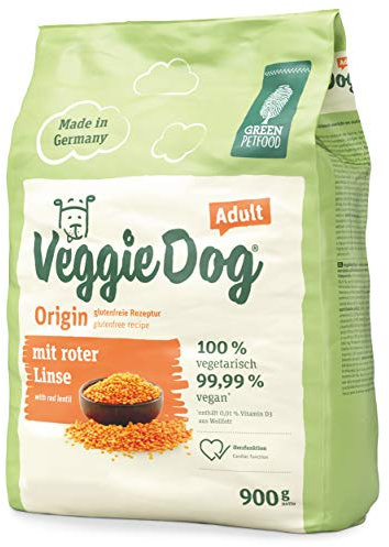 Green Petfood VeggieDog Origin (5 x 900 g), vegetarisches Hundefutter mit roter Linse und glutenfreie Rezeptur, nachhaltiges Trockenfutter für ausgewachsene Hunde, auch als Hundeleckerli geeignet