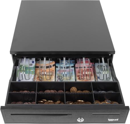 iggual - Geldkassette Abschließbar IRON - 50 | Kassenschublade mit automatischer oder manueller Öffnung - 5 + 8 Fächer für Geldscheine und Münzen mit 3 Positionen Schloss - Schwarz