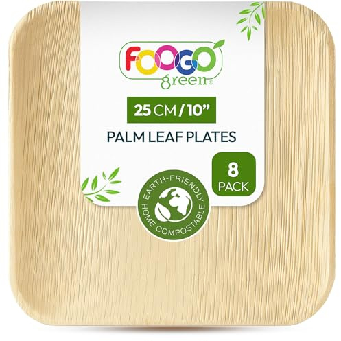 FOOGO Green 8pcs Disposable Palm Leaf Plates, 10(25cm) Large Square | Eco Friendly Biodegradable Compostable Like Wooden, Bamboo, Paper Plates for Hot Food, Picnic Wedding Parties