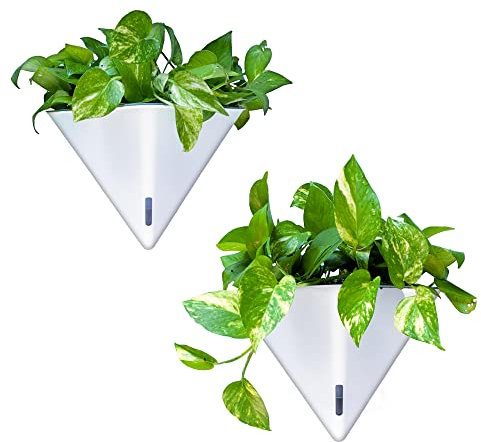 LaLaGreen - Macetas de pared para plantas de interior, paquete de 2, 12 pulgadas, grande, con autorriego, geométrico, blanco, jarrón colgante con colgador de metal, moderno y elegante soporte para