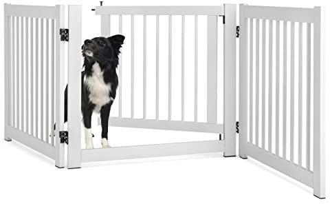COSTWAY Wooden Dog Gate, Freestanding Foldable Pet Gates with Lockable Door, 360° Flexible Hinges, 3/4 Panel Safety Barrier for Doorway Stairs (207 x 2 x 61cm, White)