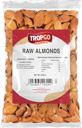 Tropgo Raw Almonds Nuts - 500g - Unsalted Almond Nuts, Californian Natural Sprouted - Healthy Nut High in Protein, Fibre, Packed Fresh Perfect for Snacking - Bulk Buy Food