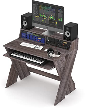 Glorious Sound Desk Compact Walnut - Kompakte Studio-Workstation im smarten Design mit großer Arbeitsfläche, ausziehbarem Keyboard-Fach, 2 x 3-HE-Racks und Kabelkanal im Inneren