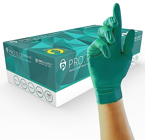UNIGLOVES PRO.TECT - Guantes desechables de nitrilo HD de color verde, ultra resistentes, de un solo uso, multiusos, sin polvo, caja de 100 guantes, tamaño extra pequeño (GA0081)