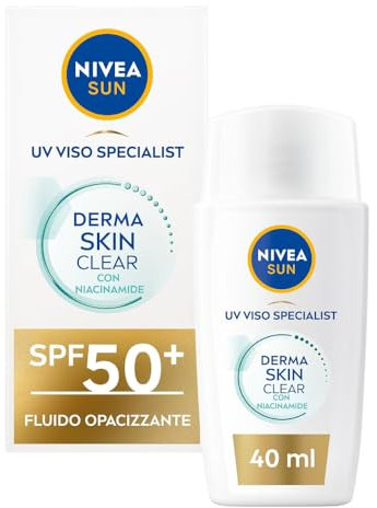 NIVEA SUN Derma Skin Clear Crema Solare Viso SPF50+ da 40 ml, Protezione solare con complesso Anti-Imperfezioni + Niacinamide, Crema viso SPF 50+ in fluido ultra leggero