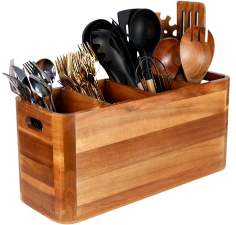 Wooden Kitchen Utensil Holder Organizer for Counter or Countertop, Large Wooden Utensil Holder for Storage Cooking and Silverware with 4 Compartment, Acacia Rustic Wood Container Extra Large
