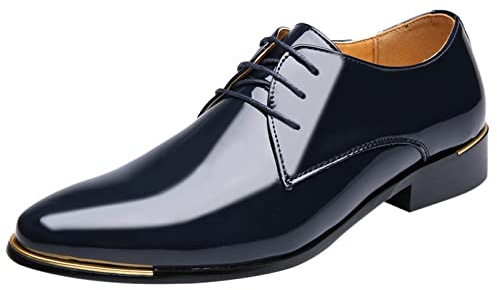 Oxford - Scarpe da uomo in pelle, per business, classiche, in pelle, leggere, con lacci, eleganti e larghe, in vernice, Blu, 48 EU