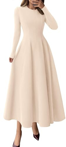 PRETTYGARDEN Cocktail Dresses for Women 2026 Elegant Classy Fall Long Sleeve Midi A Line Flowy Modest Winter Party Dress (Beige,Small)