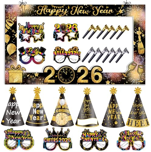 Syoulin Accessori per foto di Capodanno 2026, cornici per foto, cappelli/occhiali di carta di Capodanno,Un ottimo partner per riunioni aziendali/familiari e per scattare foto