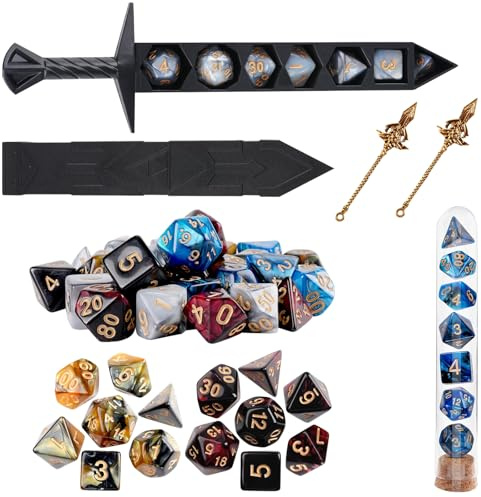 KINDLUME Set de Dados Poliédricos, Dados de Fantasía, Cube para Juegos de Mesa, Colección de 28 Cubes, Diseño Dos Colores con Caja Espada, para Juegos de rol y Estrategia ﻿