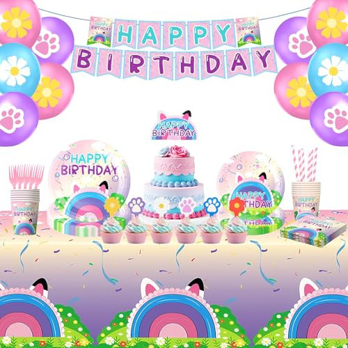 Lutuan 189pcs Cartoon Cat Theme Doll House Party Decorations Supplies - Include Tablecloth Balloons Banners Cake Topper Paper Plates Napkins Paper Cups for Birthday Baby Shower Serves 24 Guests