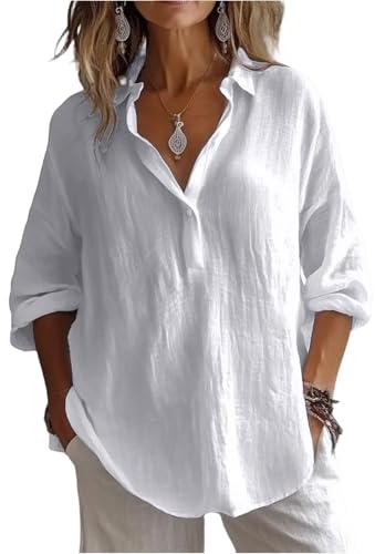 Top De Algodón Y Lino Mujer Cuello De Solapa Manga 3/4 Color Liso - Moda Mujer Adecuado para Primavera Y Verano, Top Exquisito Calle Camiseta Anchos Moda Descanso