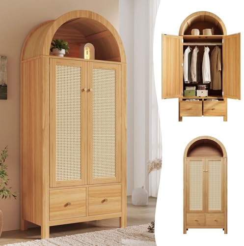 Yihomfy Armoire Chambre,Armoire avec penderie, Armoire 2 Portes, Chambre, Filet en rotin, Salon, avec Couvercle inférieur Rabattable, Panneaux de Particules et rotin PE (Oak-4, 78×45×181 cm)