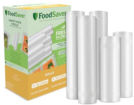 FoodSaver Custom Length Vacuum Sealer Bags Multipack, 5 Count Rolls for Airtight Food Storage and Sous Vide - Compatible with FoodSaver, 8 (2 Pack) and 11 (3 Pack)