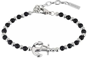 Breil, Collezione Black Onyx, Bracciale da Uomo con Elemento da Marinaio, con Sfere di Onice Nero e Acciaio Specchiato, Chiusura a Moschettone, Idee Regalo Uomo, Lunghezza 17.5-22.5 cm, Silver-Nero