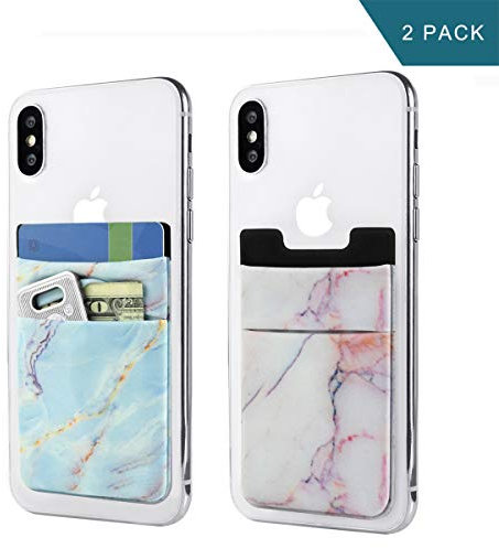 Newseego 2 Paquetes de Billetera con Tarjeta para Celular [Doble Bolsa] Estuche en la Funda de teléfono elástica para el iPhone, Android y la mayoría de los teléfonos Inteligentes -Mármol Azul y Rosa