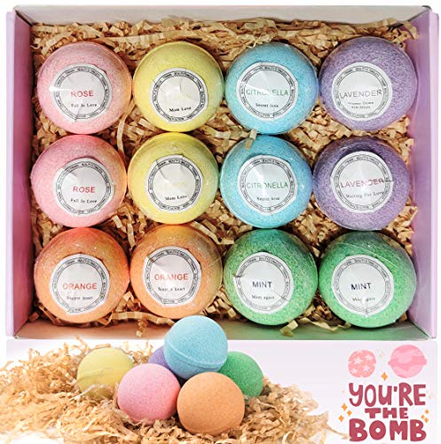 Bath Bombs Gift Set, TTRwin Natural Vegan Spa 12 Fizzy Bubble Bath Bomb Kit with Different Organic Essential Oils，Birthday Gift idea for Her, Women, Men, Kids and Teen Girls