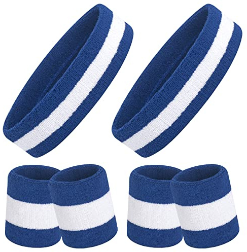 ONUPGO Svettbandsset, sport pannband armband set (6 st) svettband frotté tyg armband handled svettband pannband fukttransporterande svettabsorberande pannband (blå/vit/blå)
