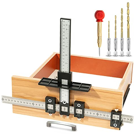 Solike Cabinet Hardware Jig, Aluminum Alloy Cabinet Handle Jig Tool for Fast and Accurate Installation of Door Handles and Drawer Front Knobs, Pulls(with Automatic Center Punch and 4 Drill Bits)