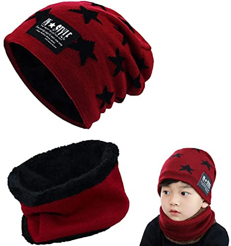 Tuofang Kinder Winter Warm Beanie Mütze und Loop Schlauchschal Set mit Fleece Gefütterte, Wintermütze und Loop Schal, für 5-15 Jahre Alt Jungen Mädchen Wintermütze Halswärmer Strickset (Rot)