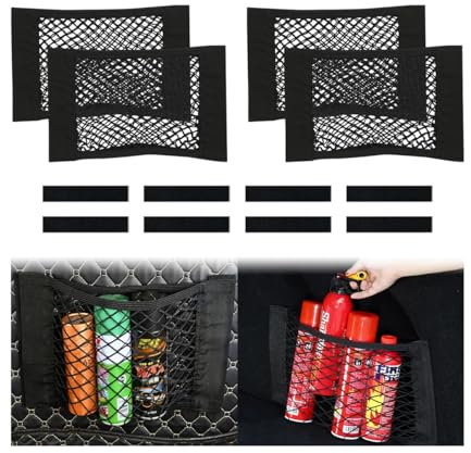 CGEAMDY Kofferraum Netztasche, 4 Stück Auto Klett Gepäcknetz, Universal KFZ Organizer Elastisch Aufbewahrung Netz, Kofferraumnetz Schutznetz Mit Klettverschluss für Auto/SUV (30x25cm)