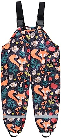 Kids Waterproof Dungarees Boys Rain Trousers Mud Dirty Proof Suspender Overalls Pants Girls Printed Rainwear with Reflective Strip Fox 10-11 Years